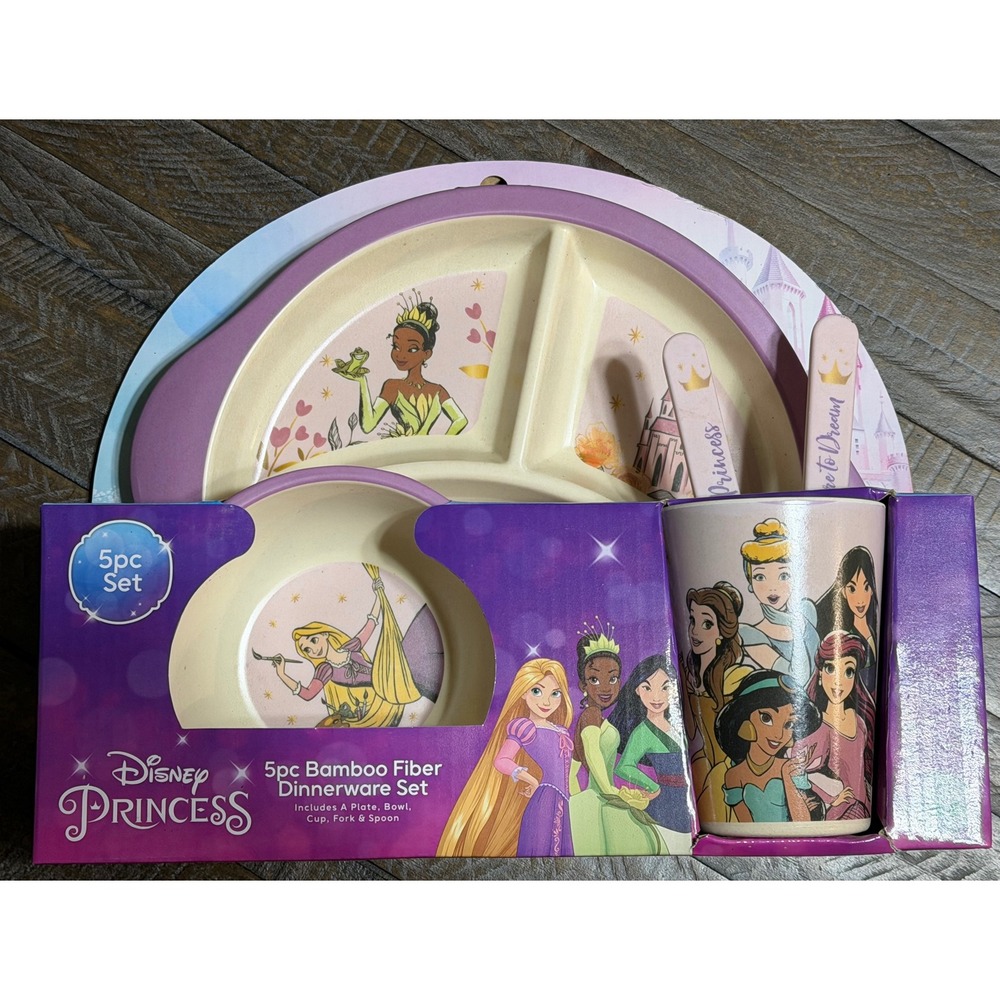 Disney Princess Dinnerware Set Kids OS Purple New 5pc Bamboo Fiber Eco-Friendly